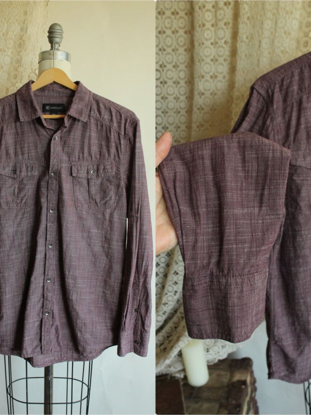 INC Men's Long Sleeve Cotton Button Down Shirt, Size M, Cross Hatch Purple